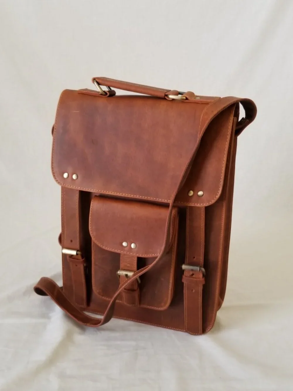 NWOT! Leather Messenger Shoulder Bag with Brass-tone Hardware & Detachable Strap